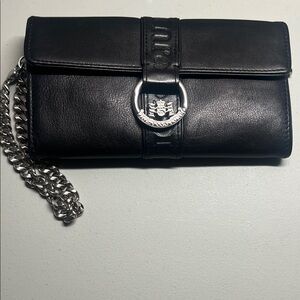 Juicy Couture Black Leather Chain Wristlet – Y2K Vintage Silver Ring Logo